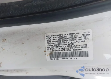 2016 Honda Odyssey Se из США, поврежденный, VIN 5FNRL5H38GB150637